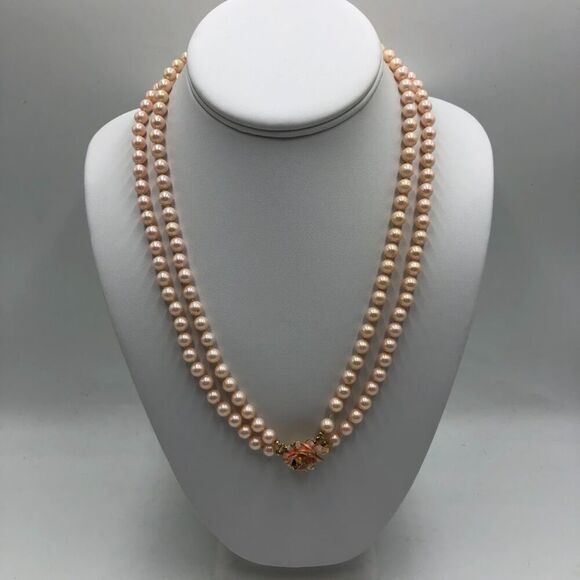 Vintage Vendone Women's Flower Clasp Pink Faux Pearl Double Strand Necklace - Picture 1 of 11